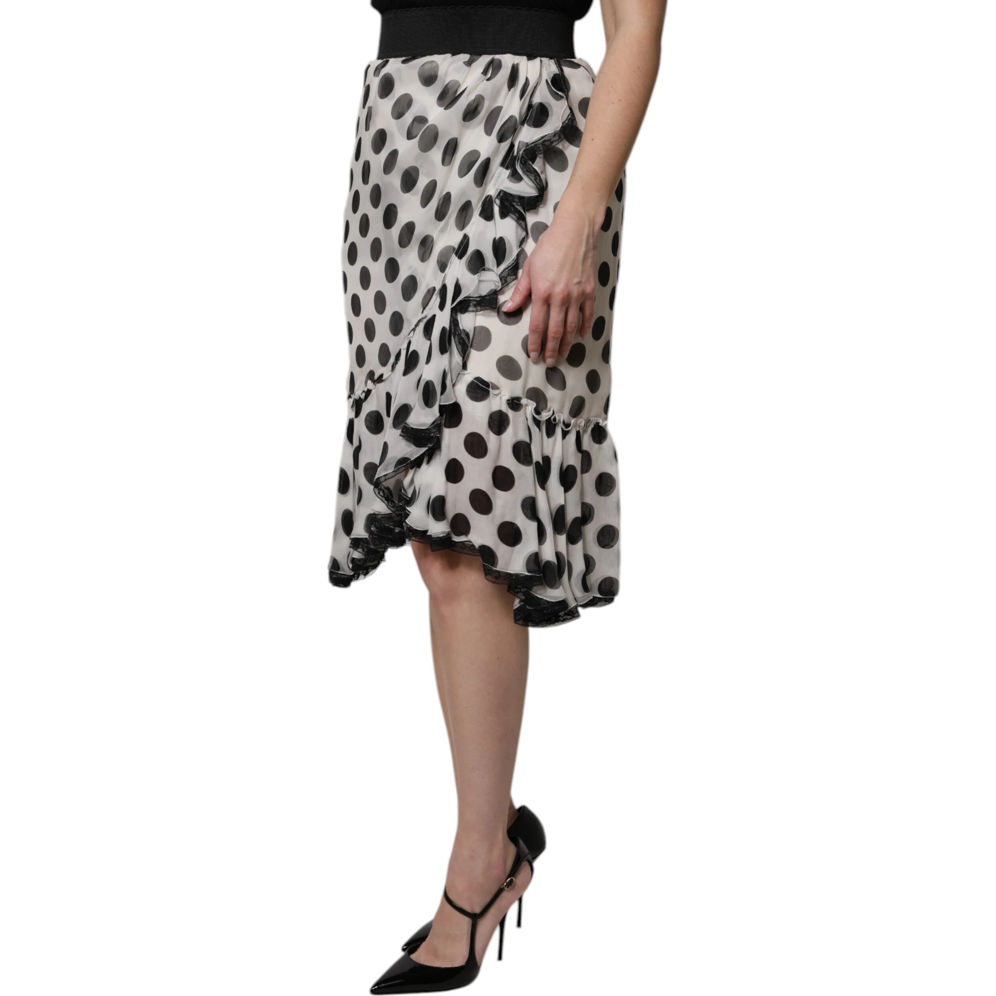 White Black Polka Dots Knee Length Skirt