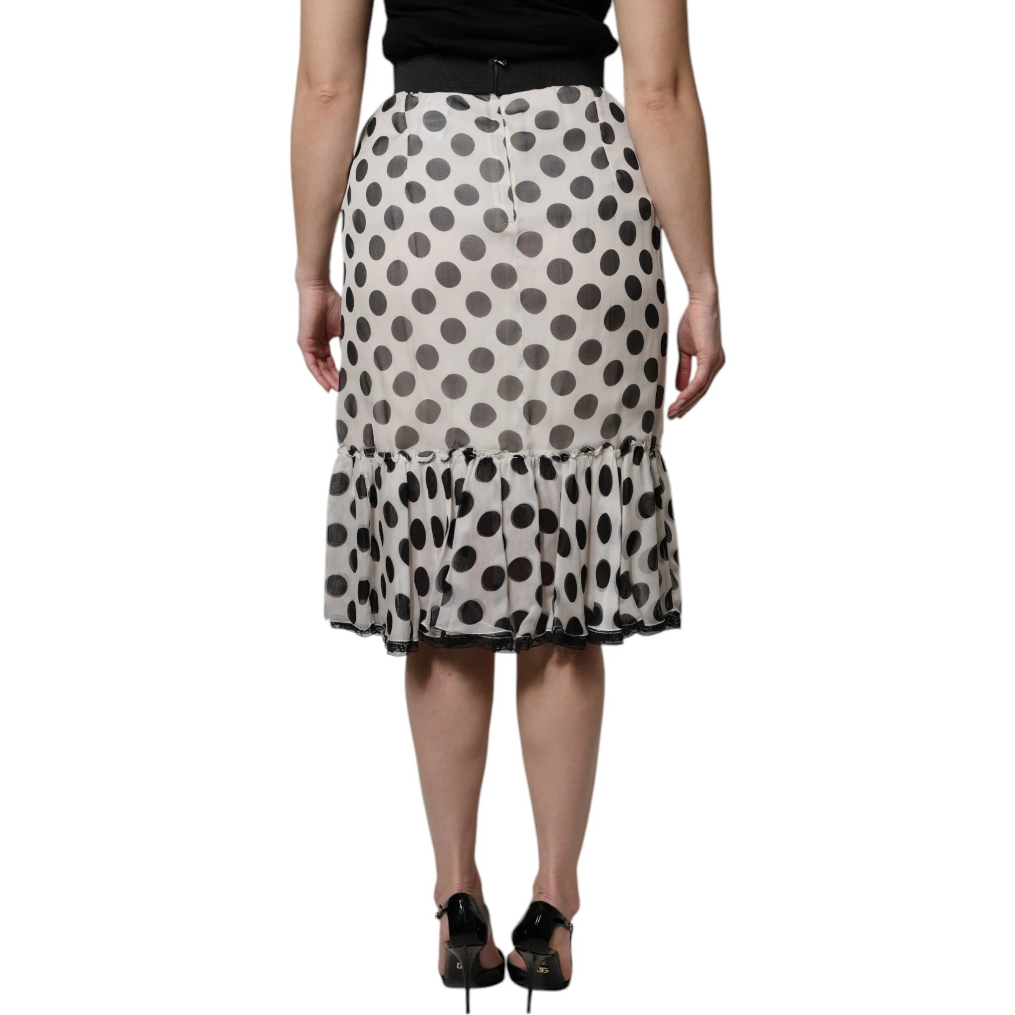 White Black Polka Dots Knee Length Skirt