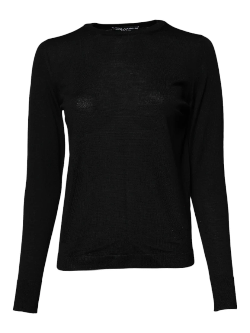 Black Wool Knit Crew Neck Pullover Sweater