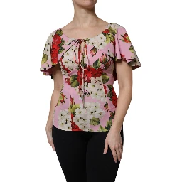 Pink Floral Silk Short Sleeves Blouse Top
