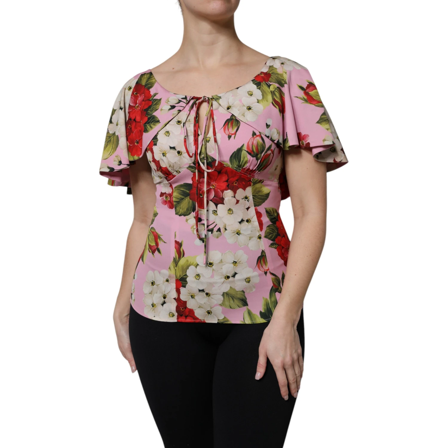 Pink Floral Silk Short Sleeves Blouse Top