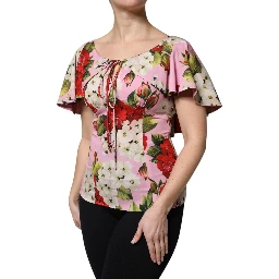 Pink Floral Silk Short Sleeves Blouse Top