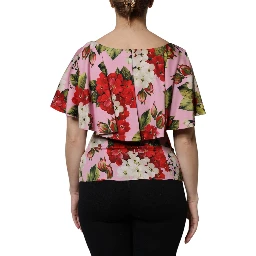 Pink Floral Silk Short Sleeves Blouse Top
