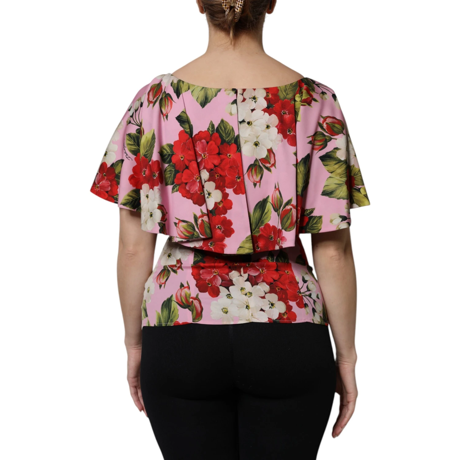 Pink Floral Silk Short Sleeves Blouse Top