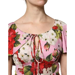Pink Floral Silk Short Sleeves Blouse Top