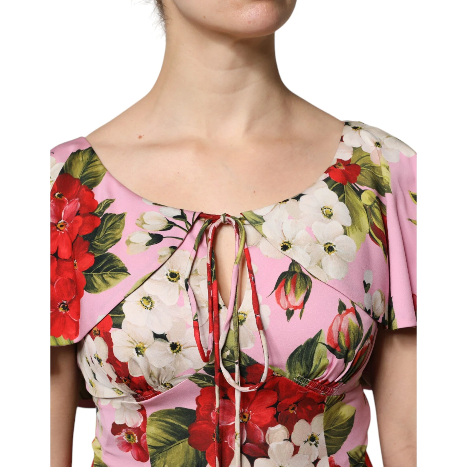 Pink Floral Silk Short Sleeves Blouse Top