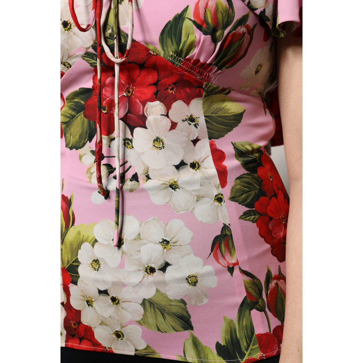 Pink Floral Silk Short Sleeves Blouse Top