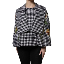 Black White Monochrome Patterned Floral Cape Jacket