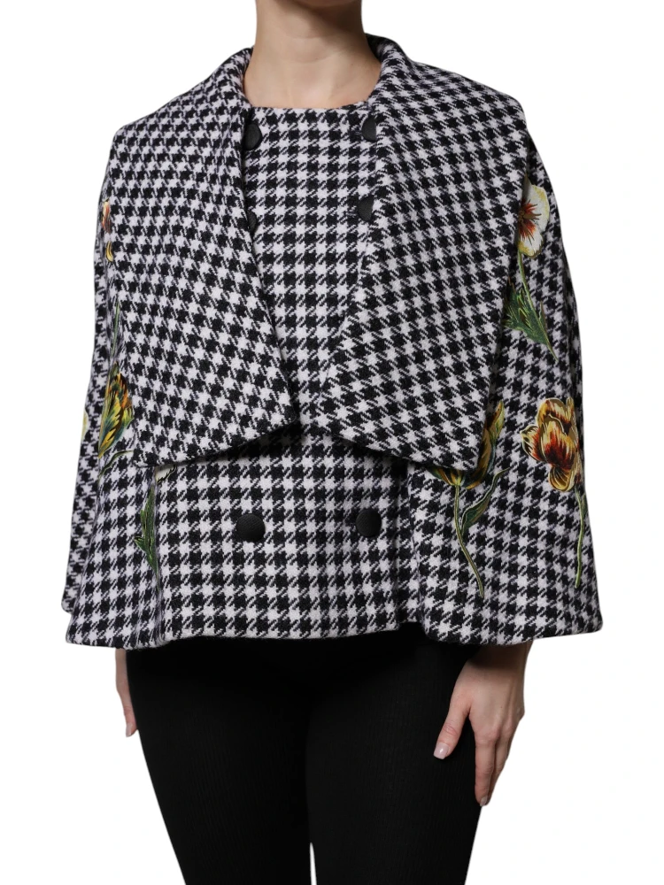 Black White Monochrome Patterned Floral Cape Jacket