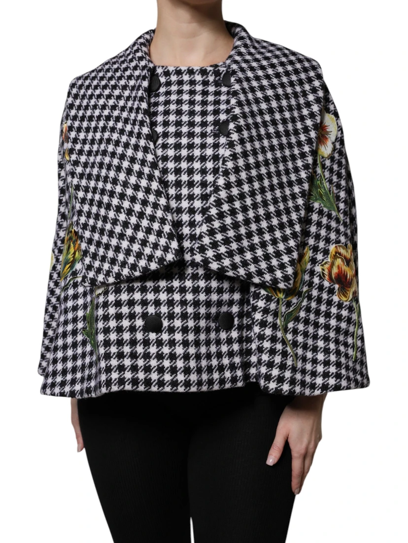 Black White Monochrome Patterned Floral Cape Jacket