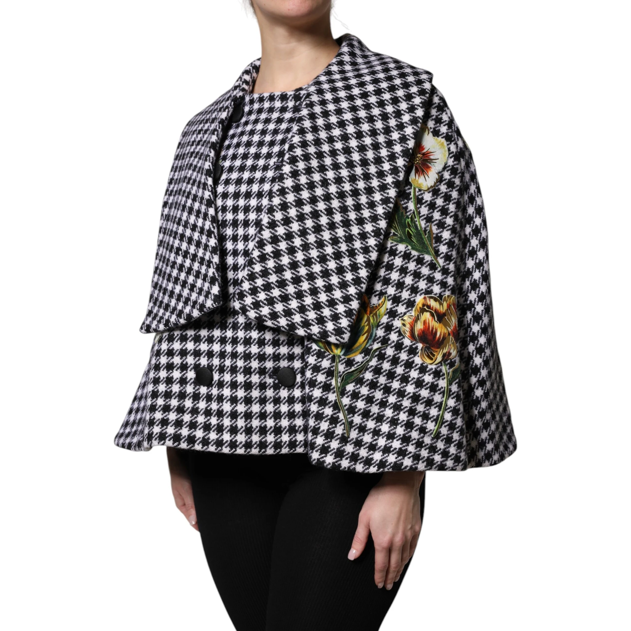 Black White Monochrome Patterned Floral Cape Jacket