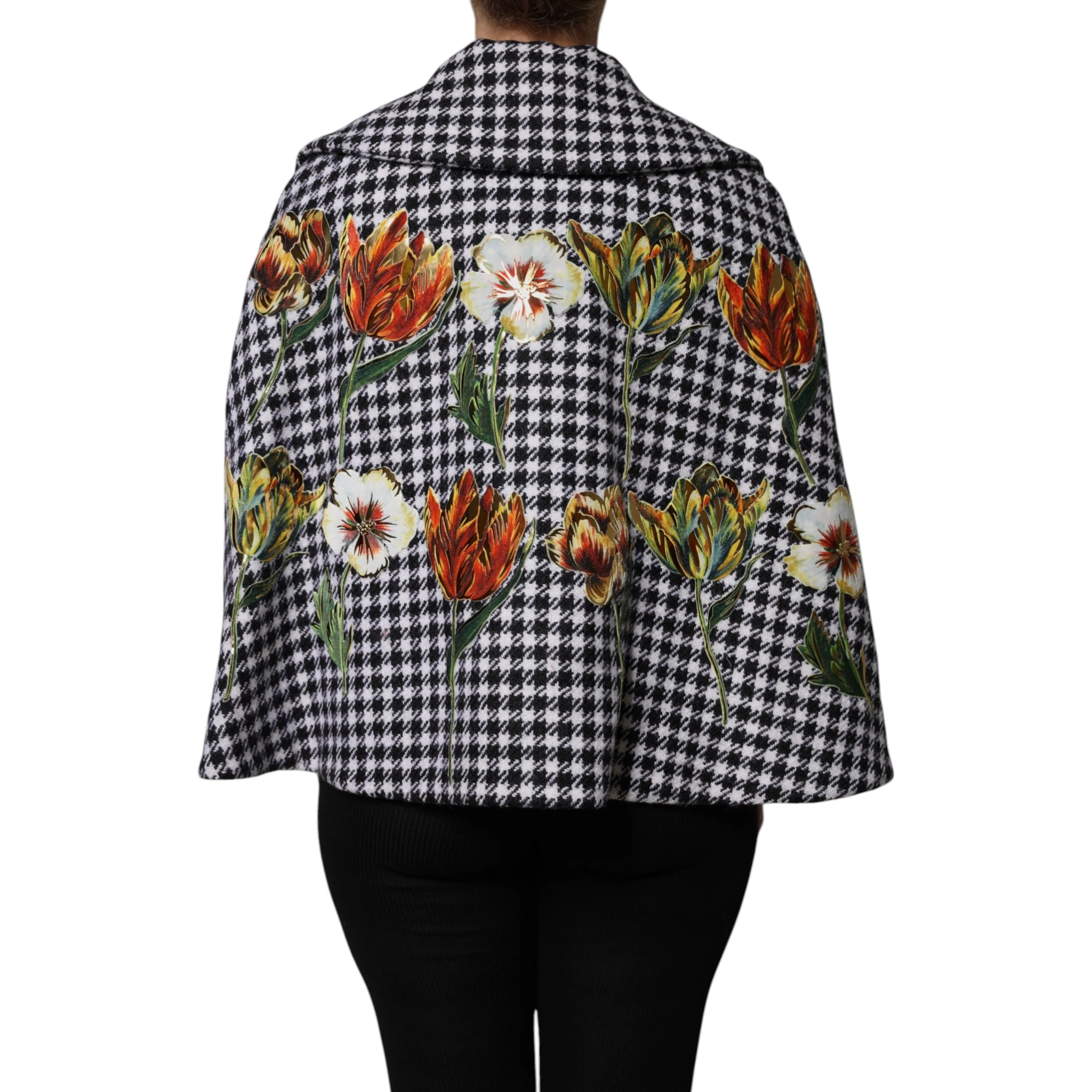 Black White Monochrome Patterned Floral Cape Jacket