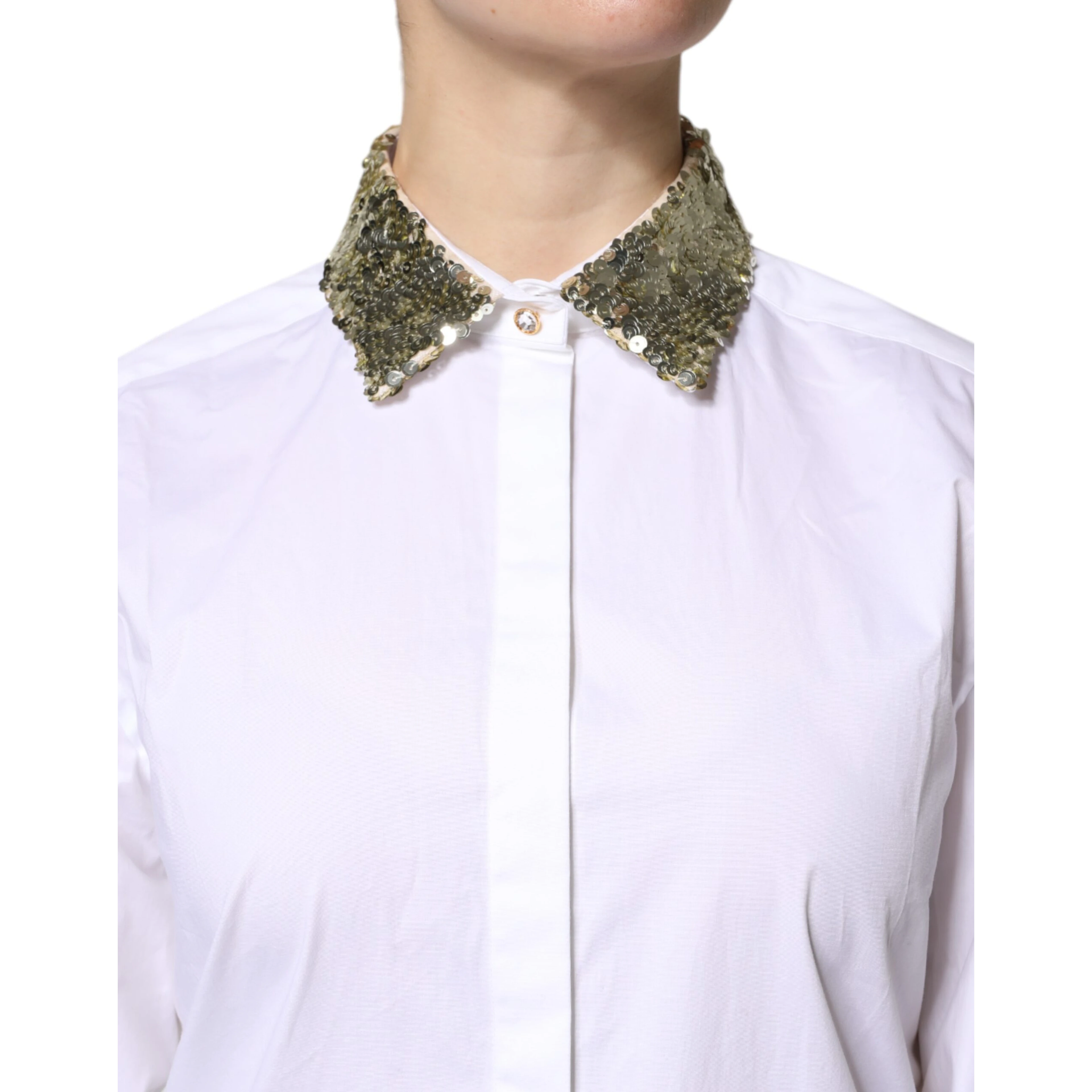 White Cotton Long Sleeves Sequin Shirt Top