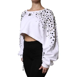 White Embellished Long Sleeve Cropped Sweater