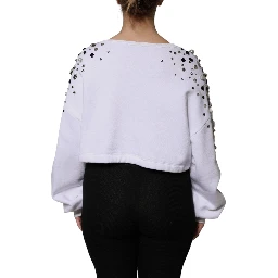 White Embellished Long Sleeve Cropped Sweater