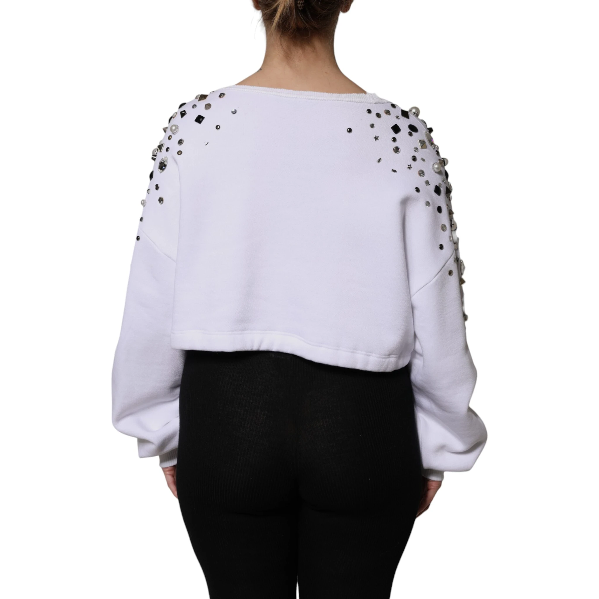 White Embellished Long Sleeve Cropped Sweater
