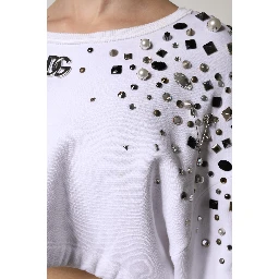 White Embellished Long Sleeve Cropped Sweater