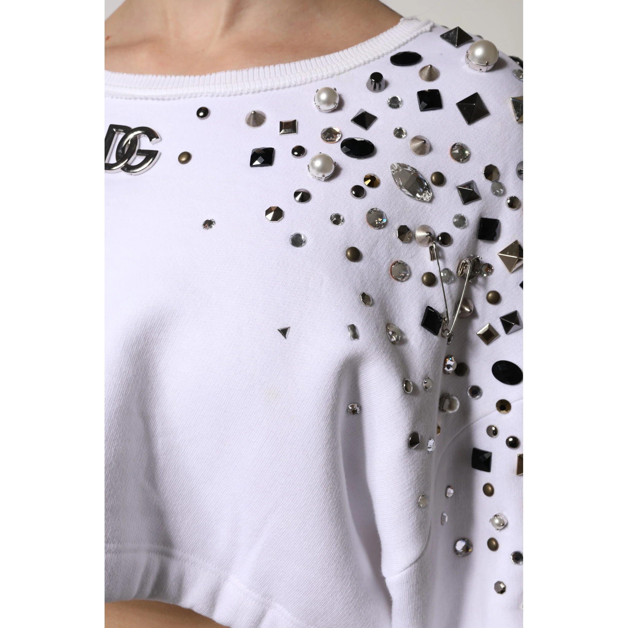 White Embellished Long Sleeve Cropped Sweater