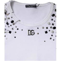 White Embellished Long Sleeve Cropped Sweater