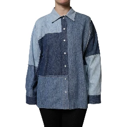 Blue Cotton Button Up Collared Long Sleeve Top