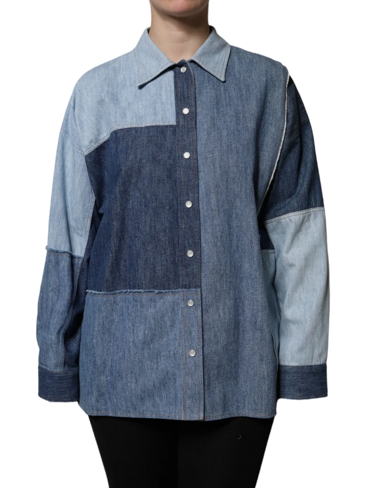 Blue Cotton Button Up Collared Long Sleeve Top alternative