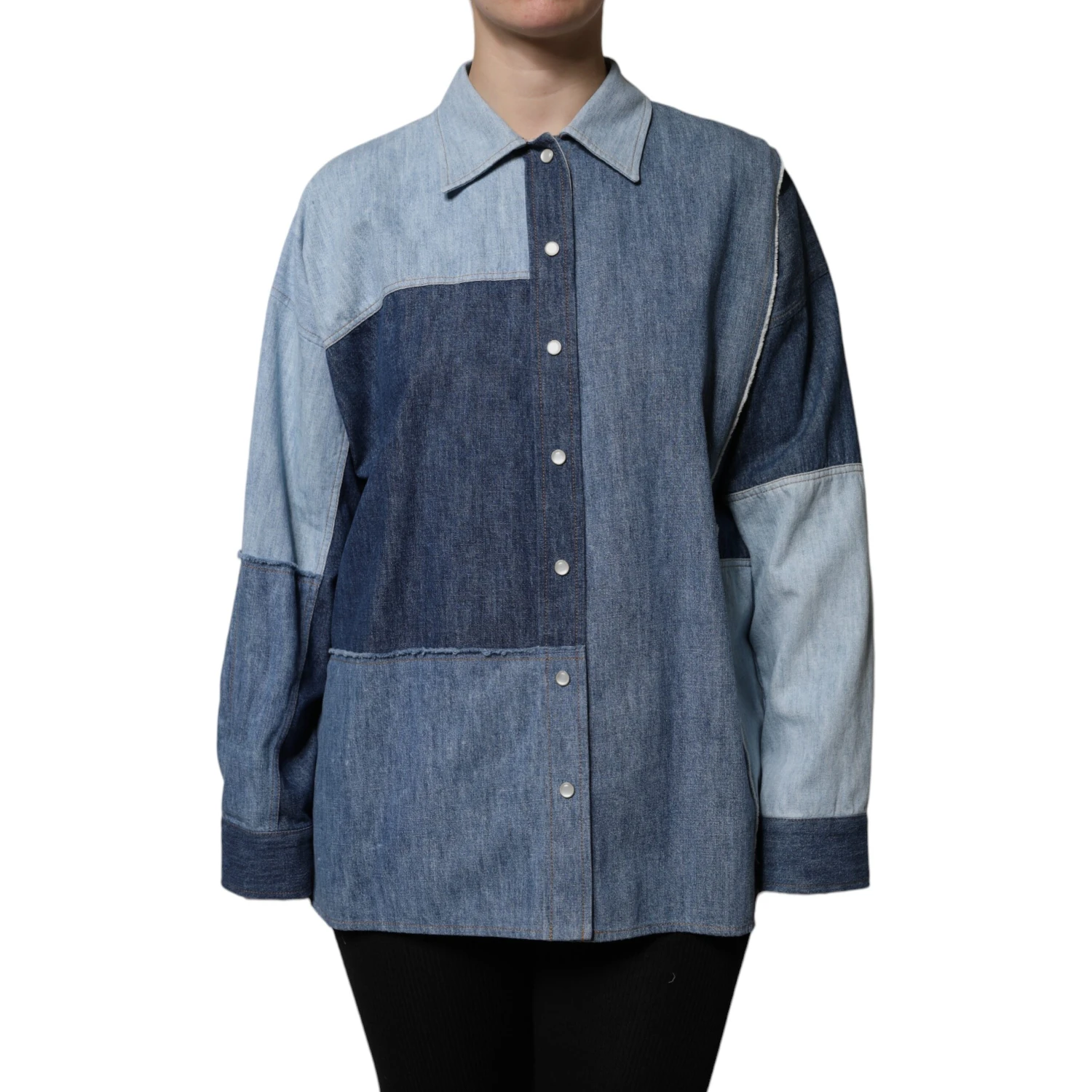 Blue Cotton Button Up Collared Long Sleeve Top