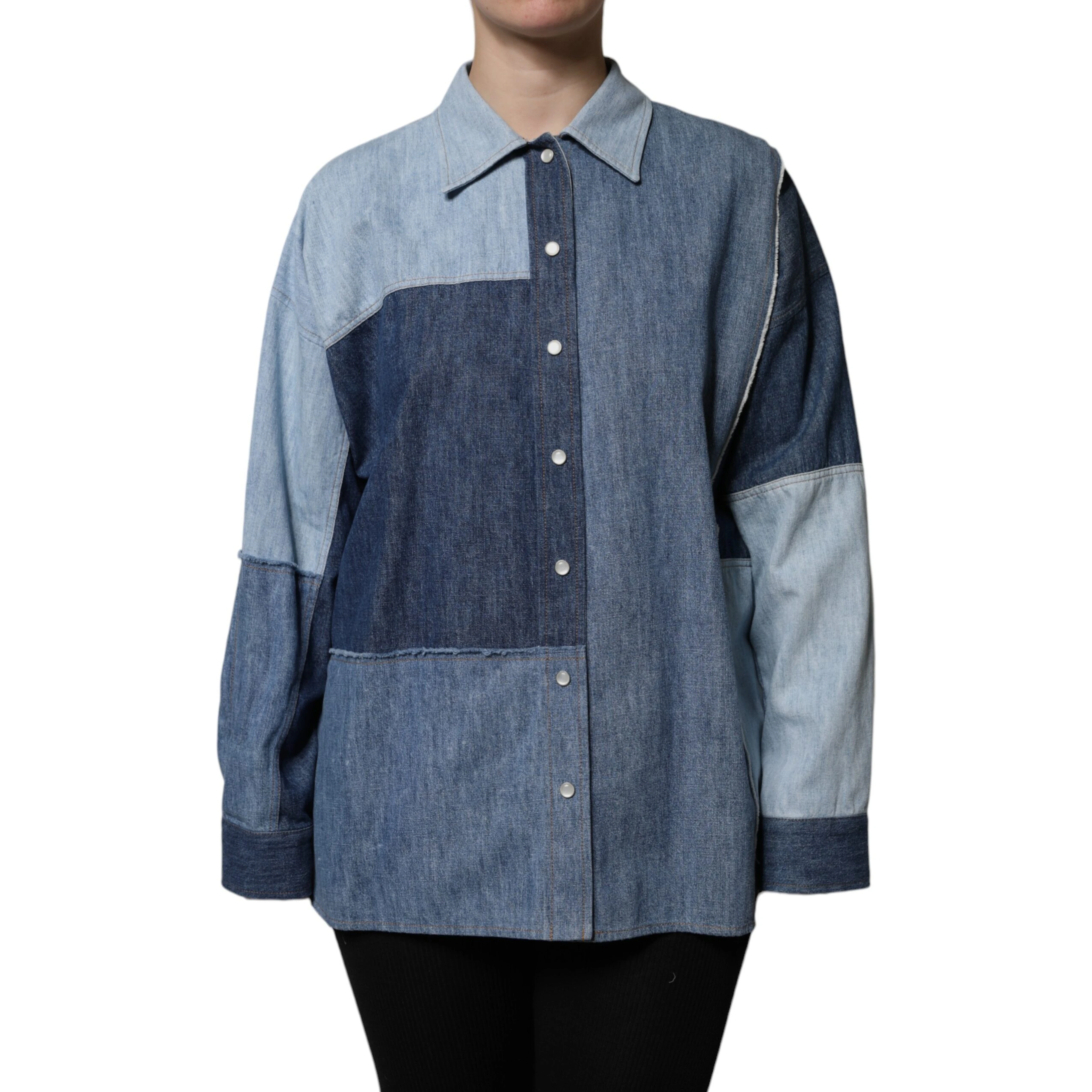Blue Cotton Button Up Collared Long Sleeve Top