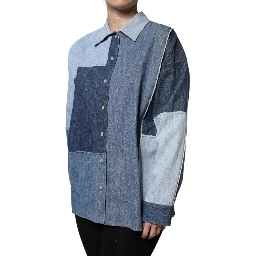 Blue Cotton Button Up Collared Long Sleeve Top