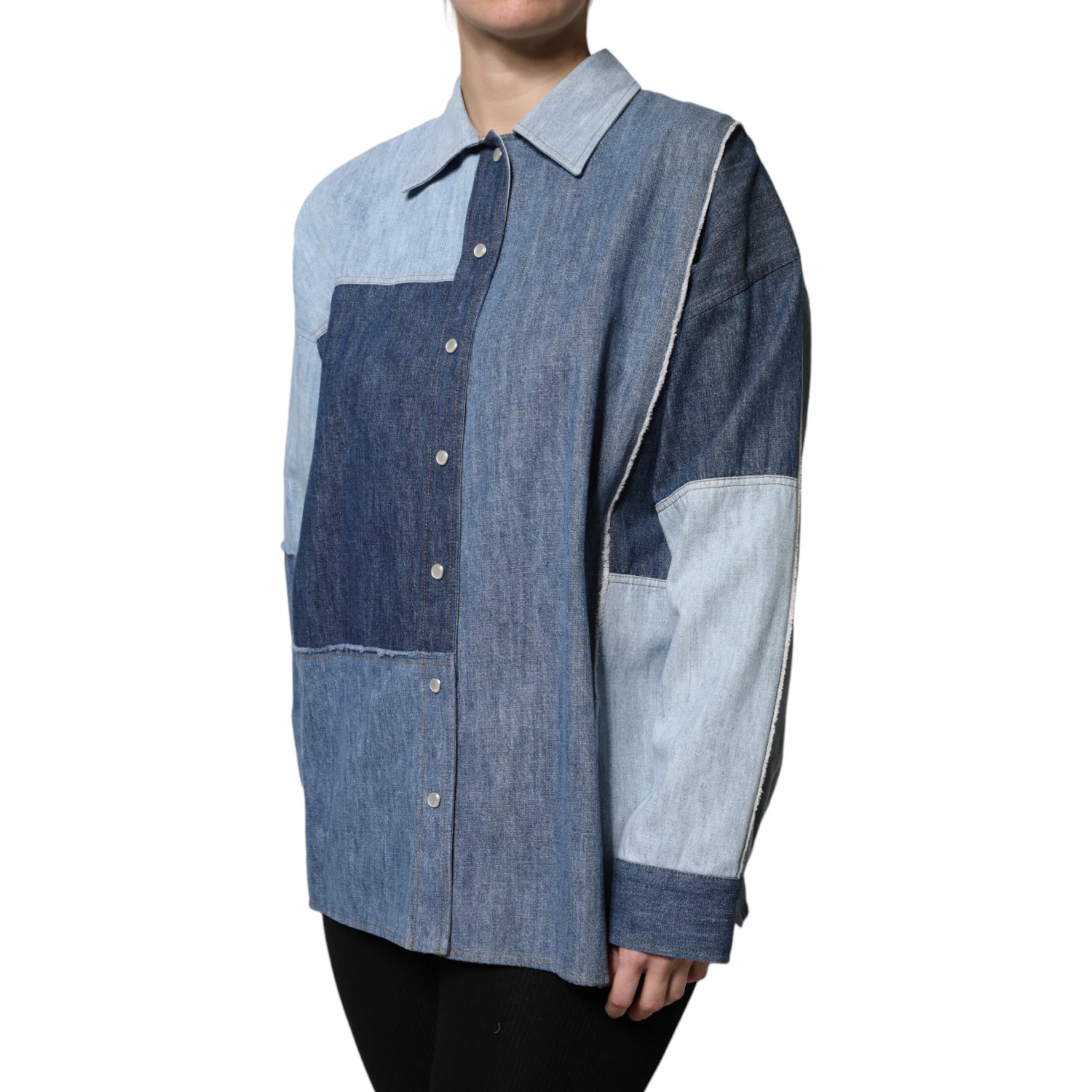 Blue Cotton Button Up Collared Long Sleeve Top