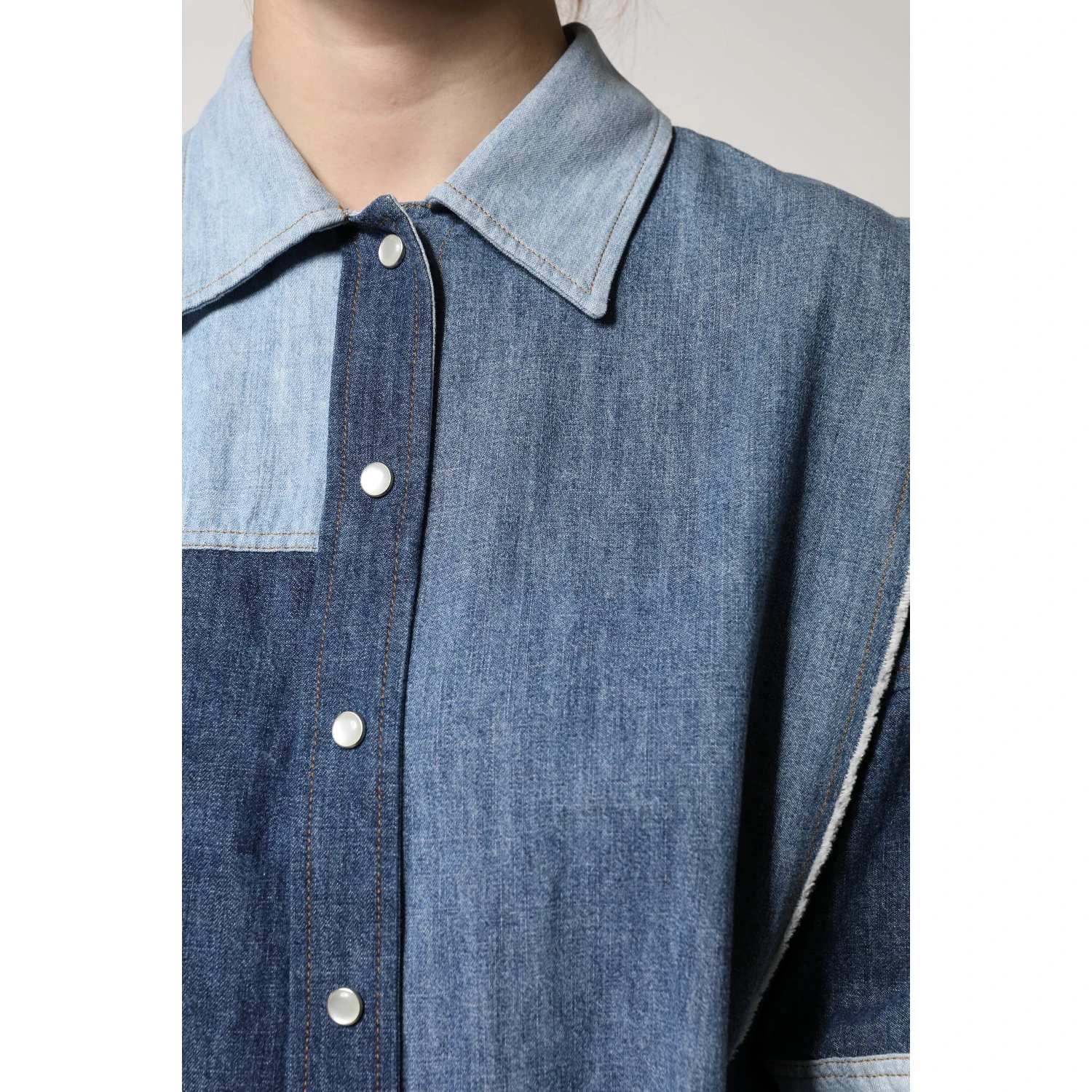 Blue Cotton Button Up Collared Long Sleeve Top