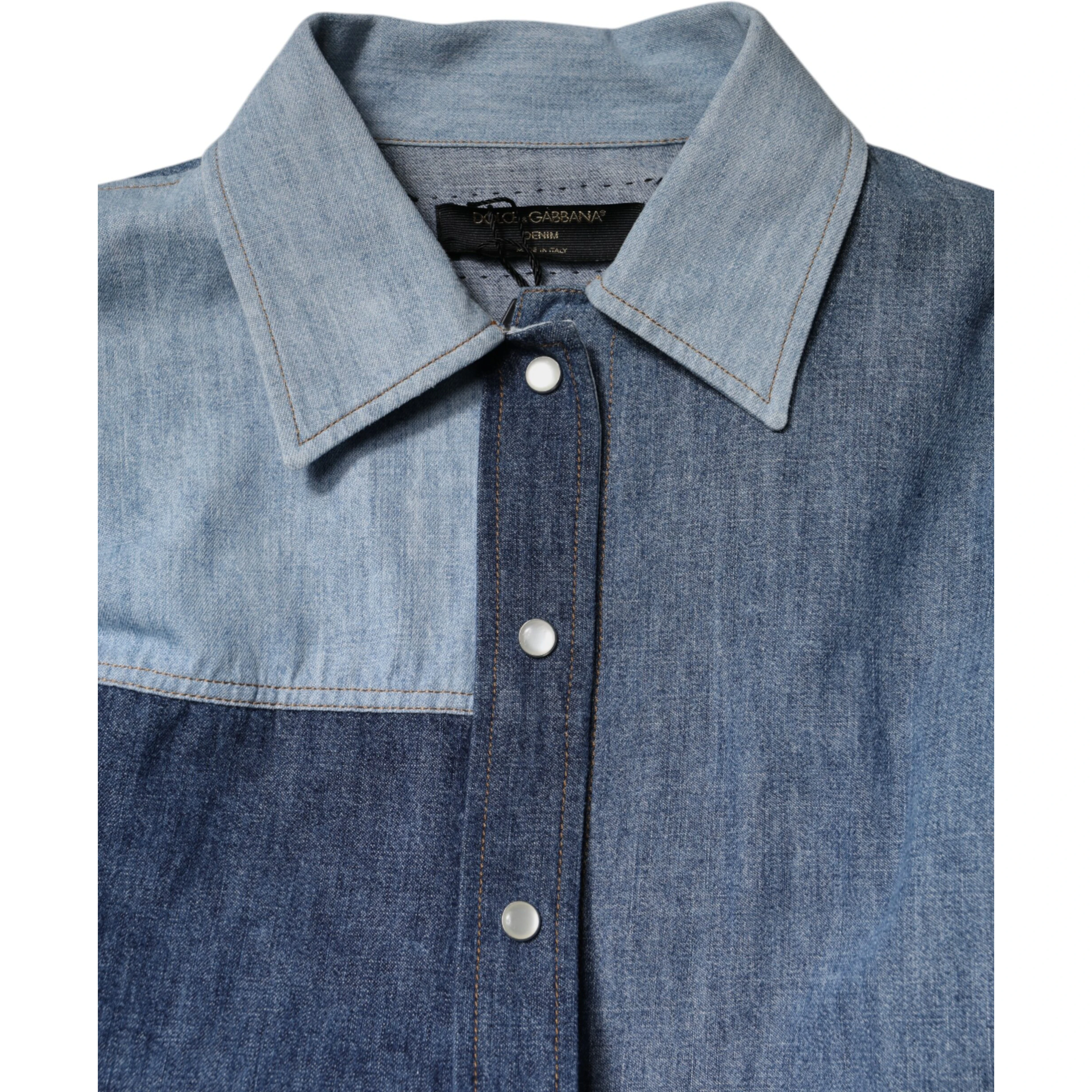 Blue Cotton Button Up Collared Long Sleeve Top