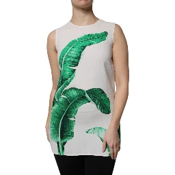 White Banana Leaf Print Round Neck Tank Top