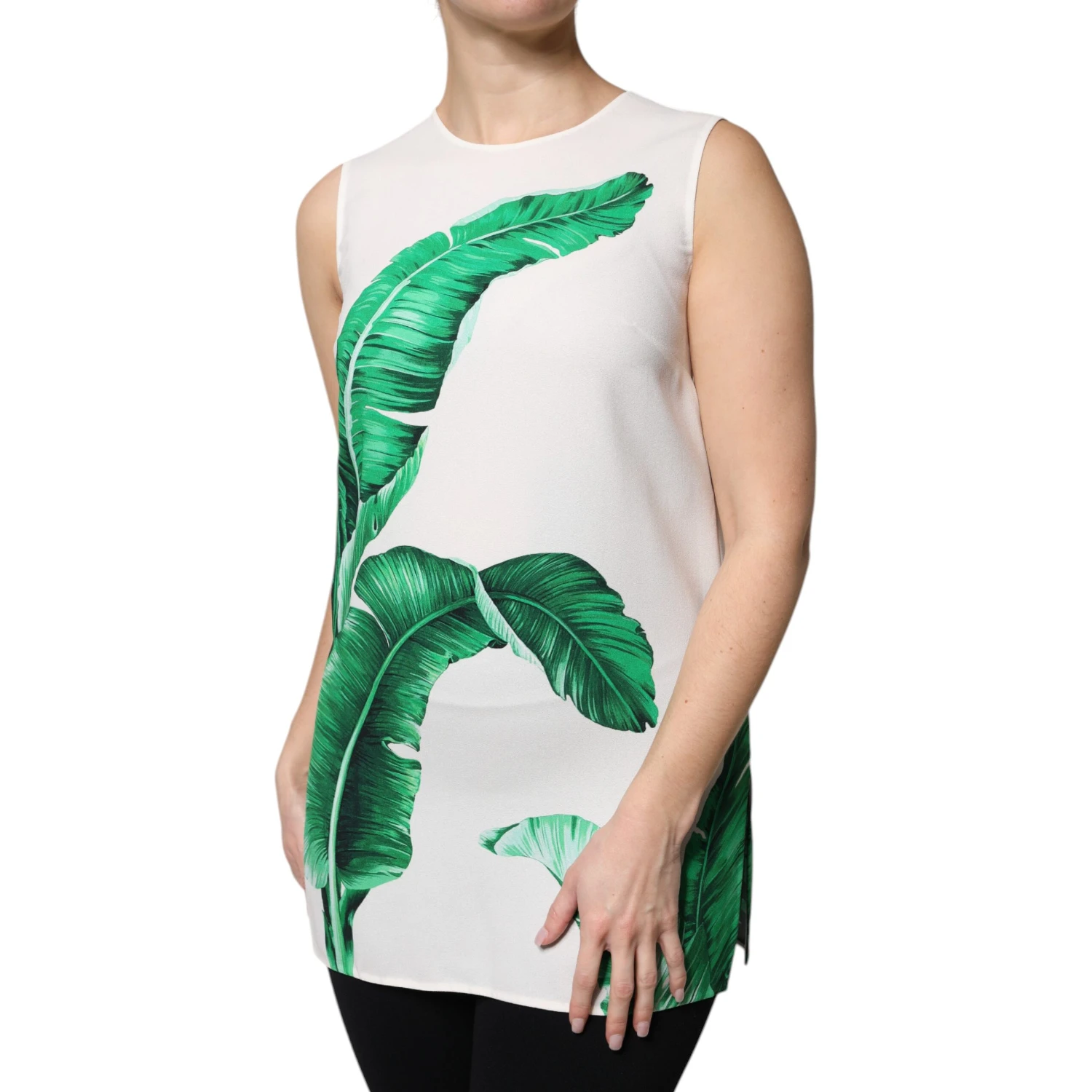 White Banana Leaf Print Round Neck Tank Top