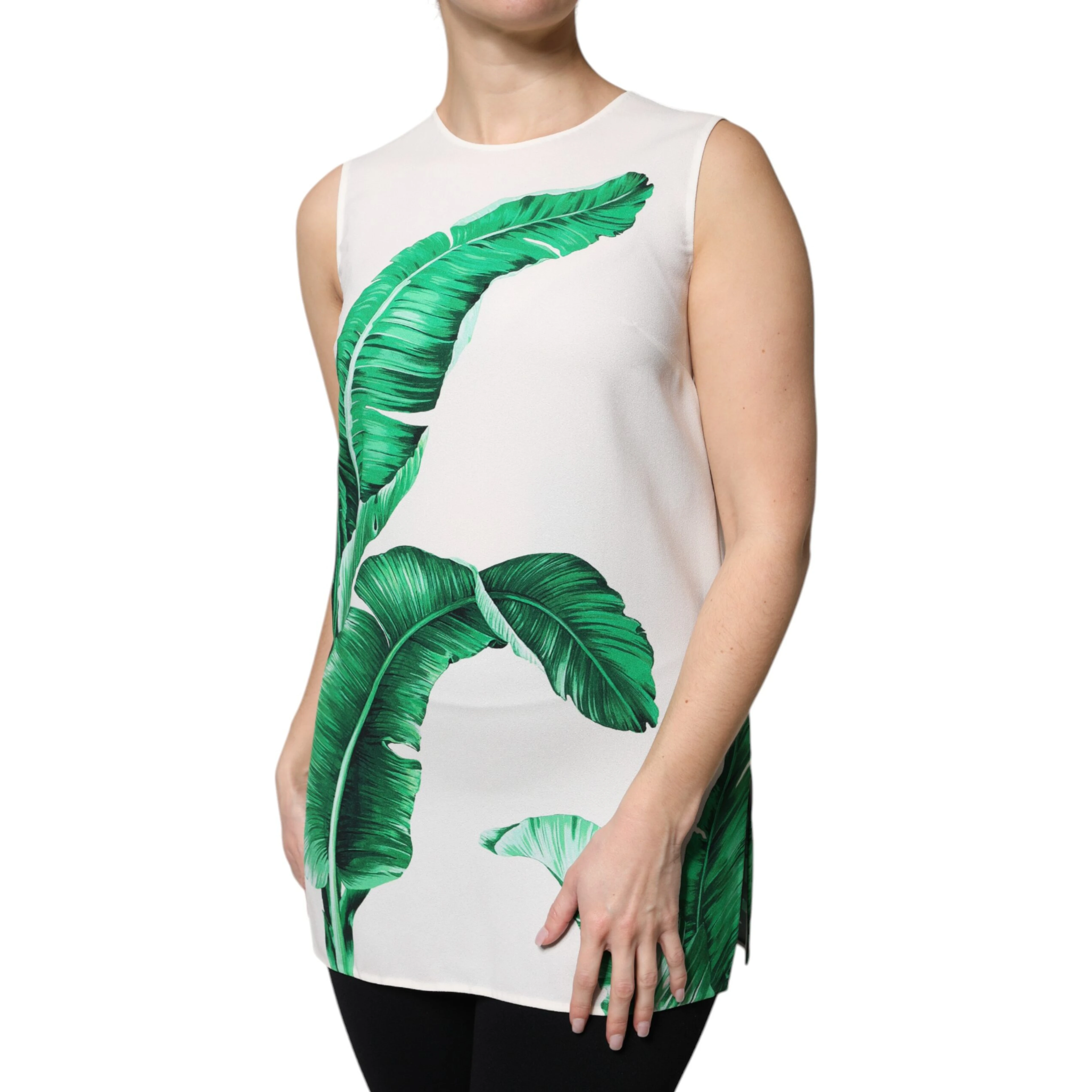 White Banana Leaf Print Round Neck Tank Top