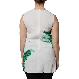 White Banana Leaf Print Round Neck Tank Top