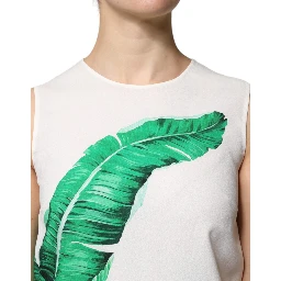 White Banana Leaf Print Round Neck Tank Top