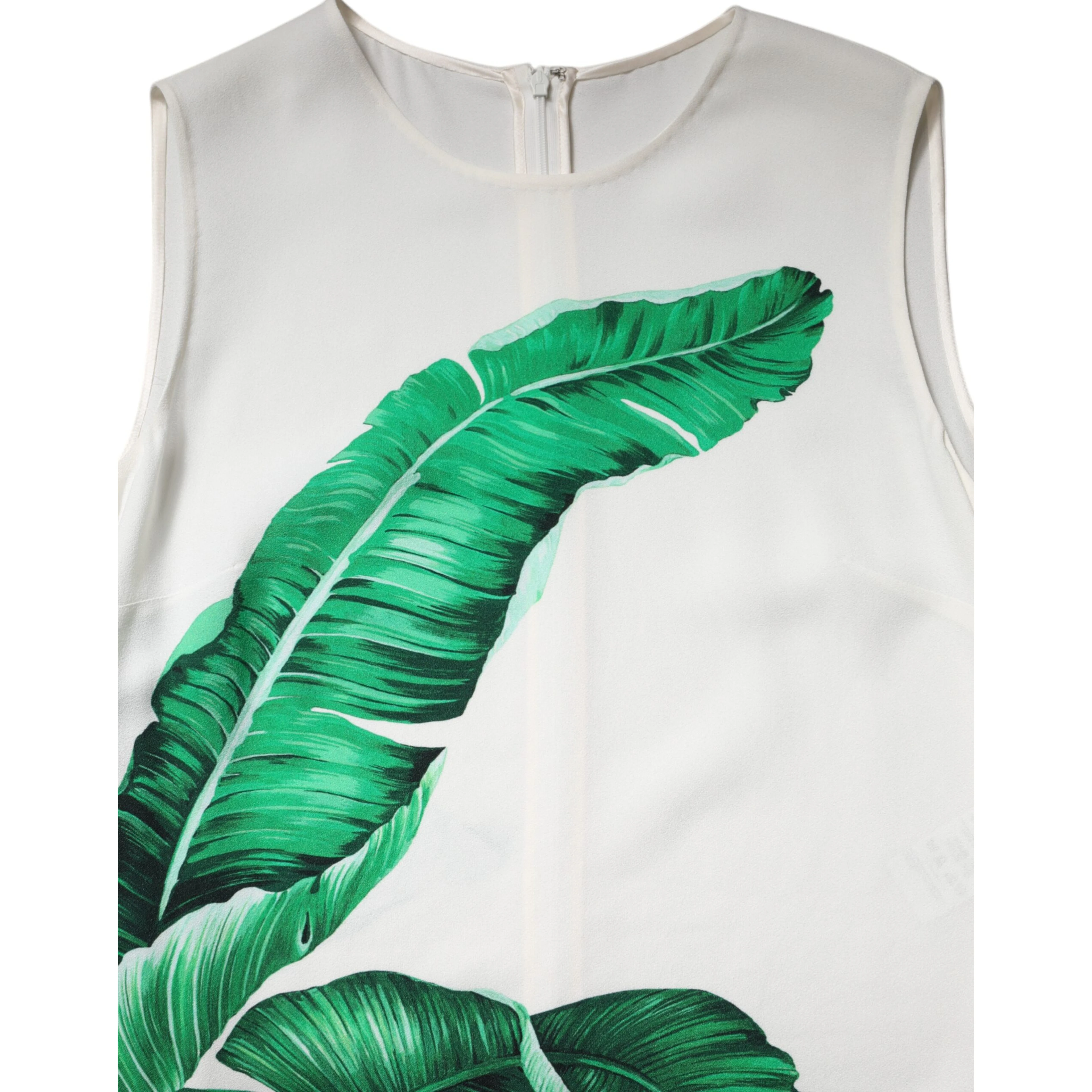 White Banana Leaf Print Round Neck Tank Top