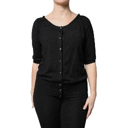Black Button Down Short Sleeve Blouse Top