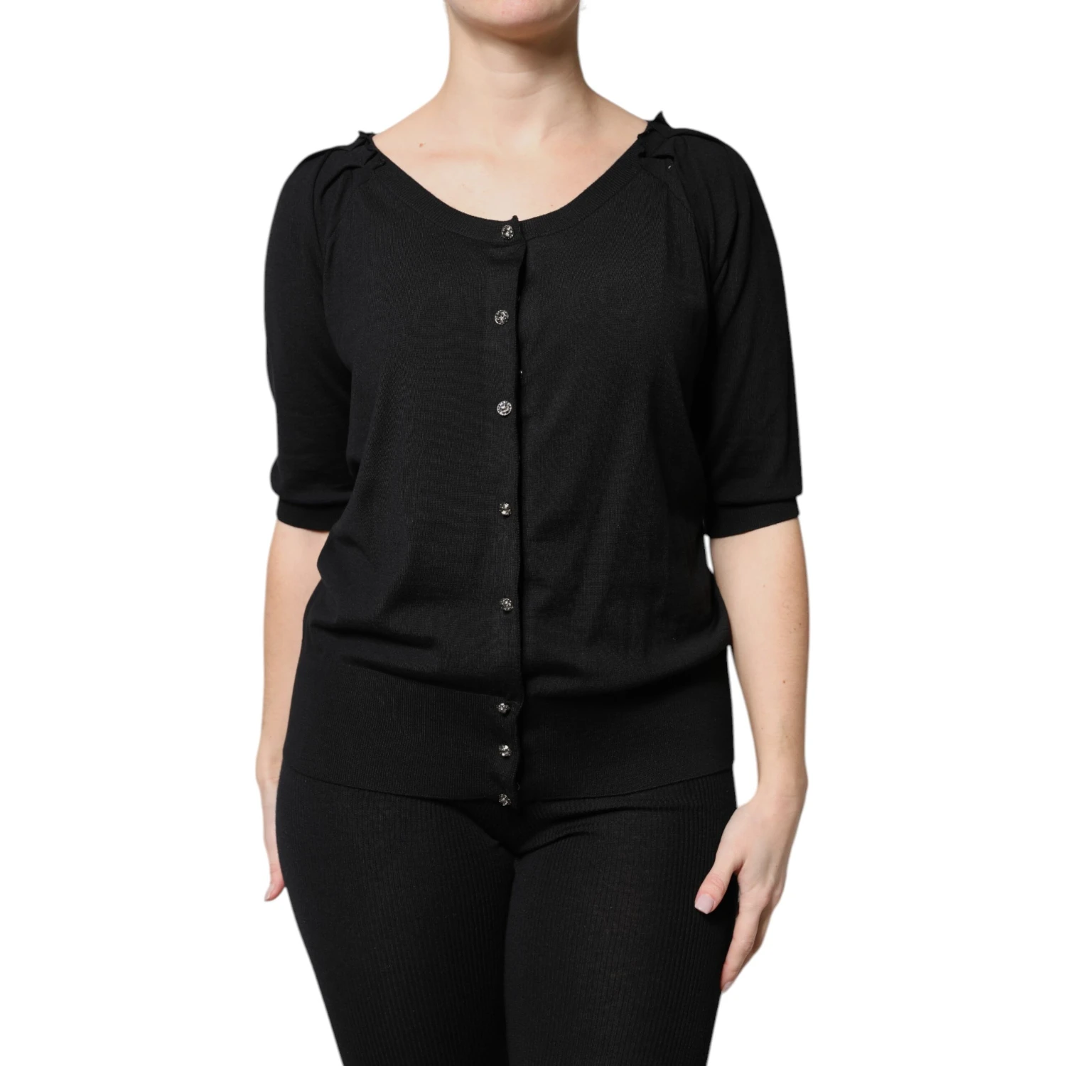 Black Button Down Short Sleeve Blouse Top