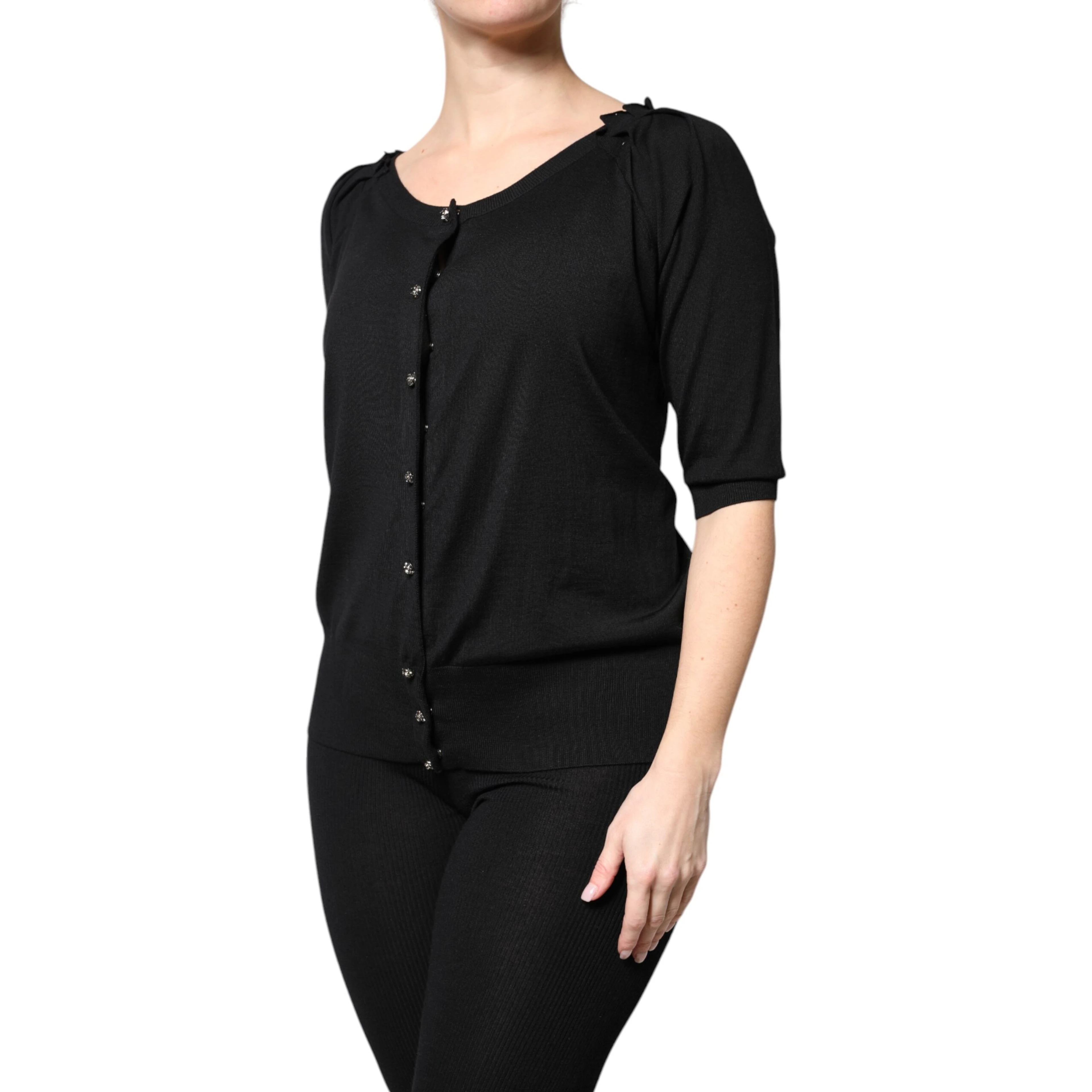 Black Button Down Short Sleeve Blouse Top