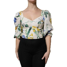 White Floral Puff Sleeves Crop Blouse Top