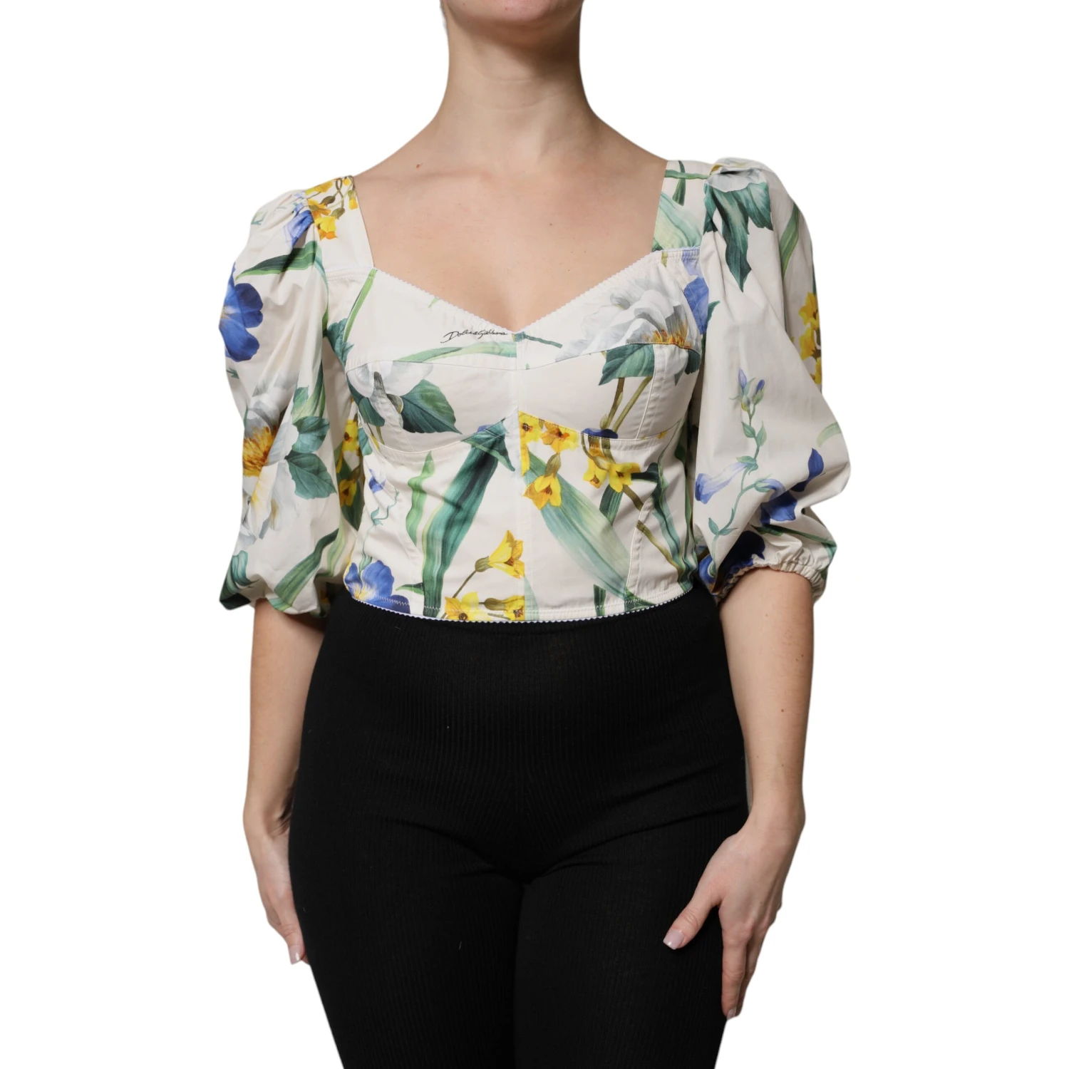 White Floral Puff Sleeves Crop Blouse Top