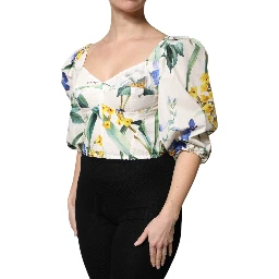White Floral Puff Sleeves Crop Blouse Top