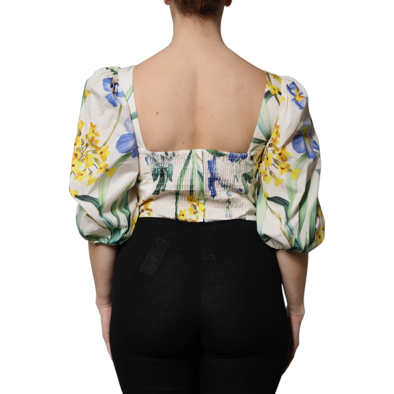 White Floral Puff Sleeves Crop Blouse Top