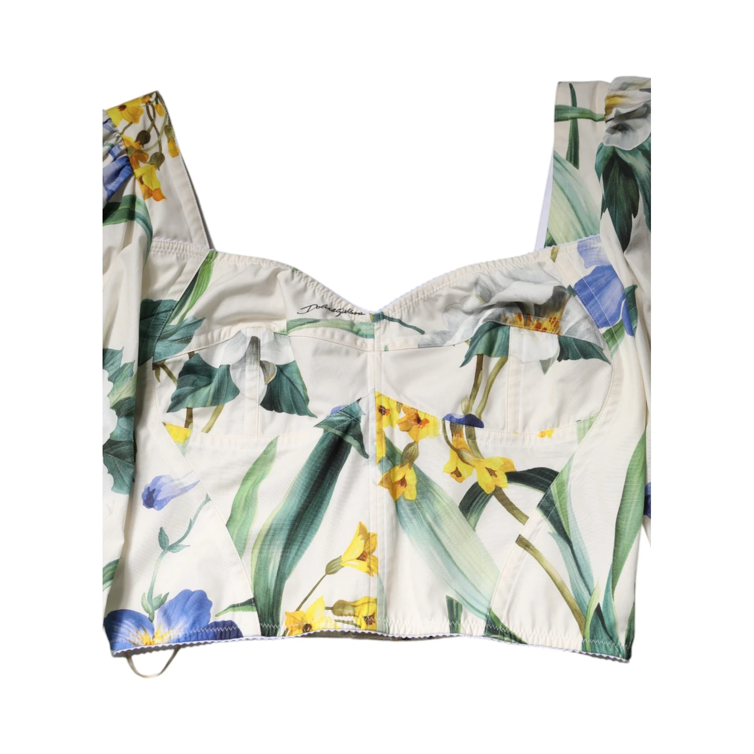 White Floral Puff Sleeves Crop Blouse Top