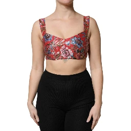 Red Floral Brocade Cropped Bustier Corset Top