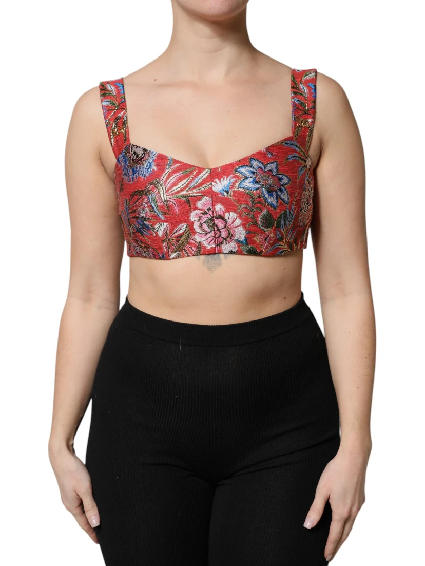 Red Floral Brocade Cropped Bustier Corset Top