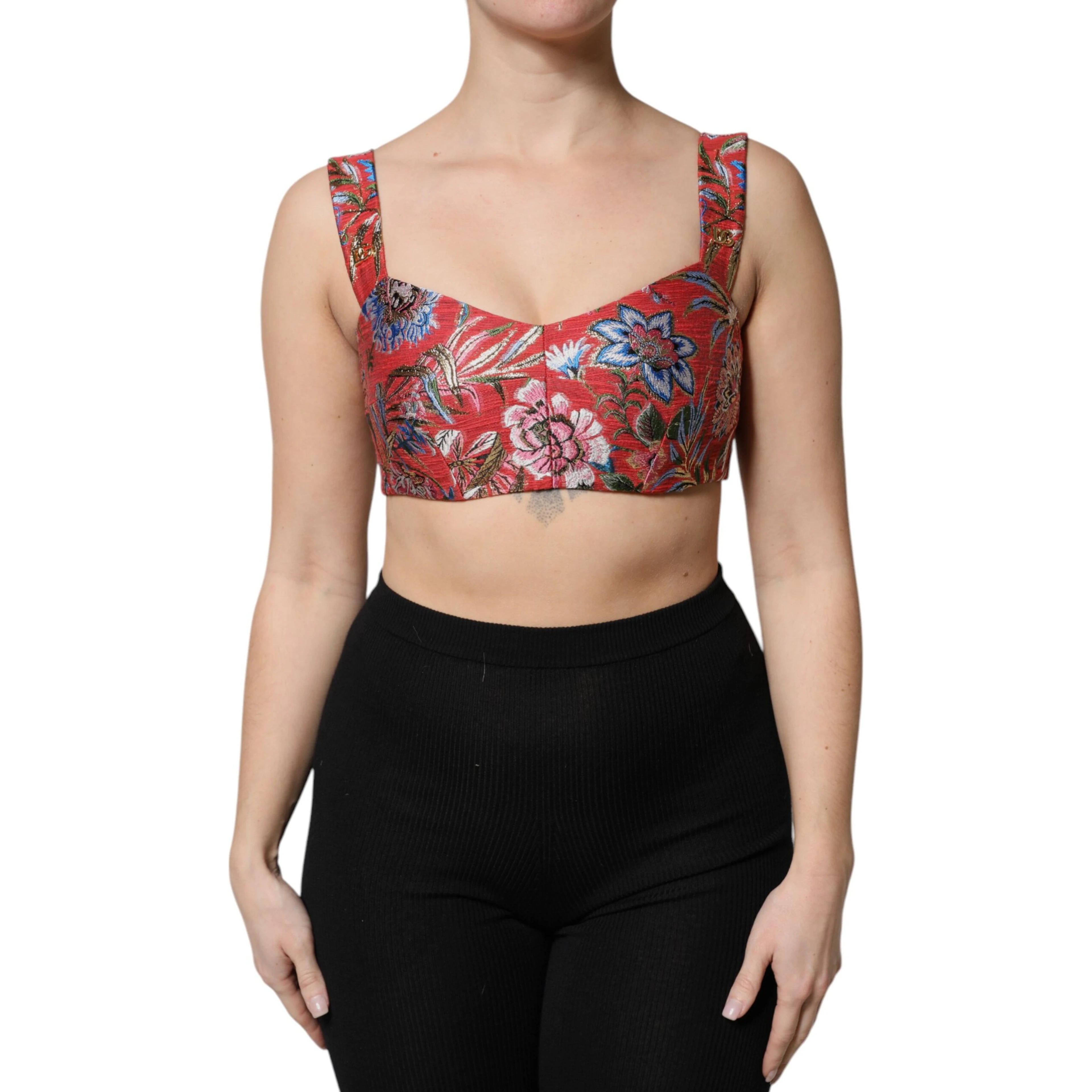 Red Floral Brocade Cropped Bustier Corset Top