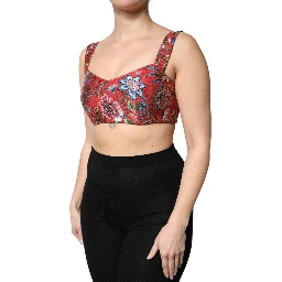 Red Floral Brocade Cropped Bustier Corset Top