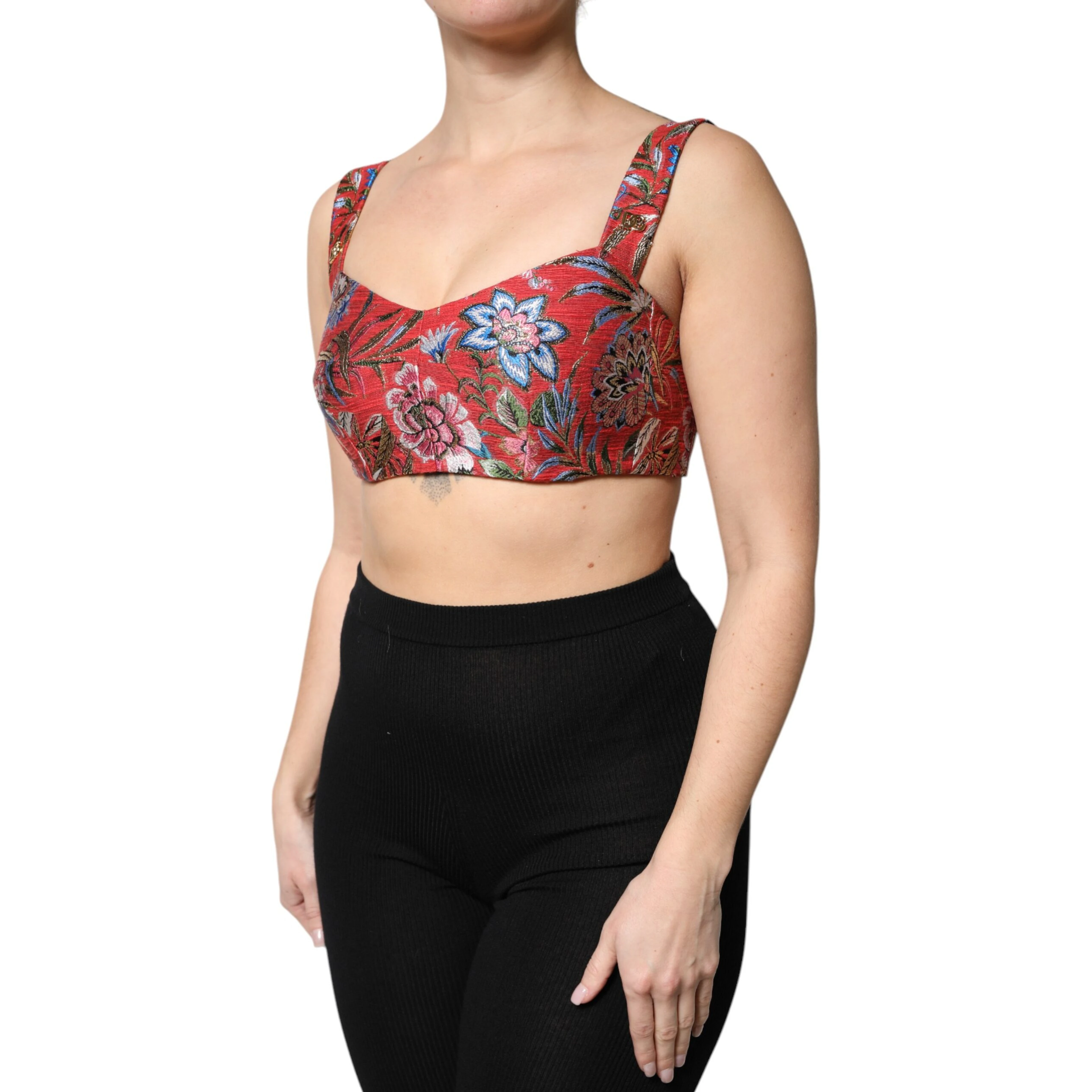 Red Floral Brocade Cropped Bustier Corset Top